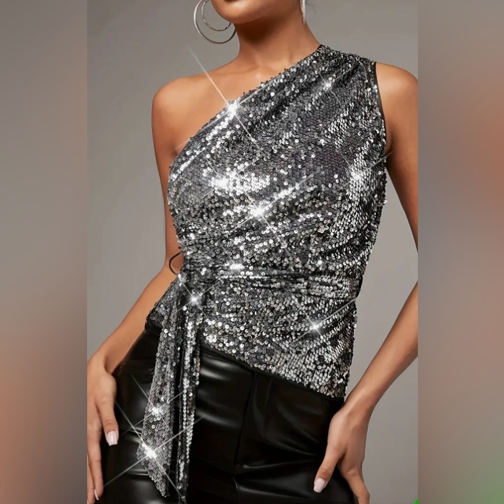 Silver Sequin One Shoulder Camisole Top